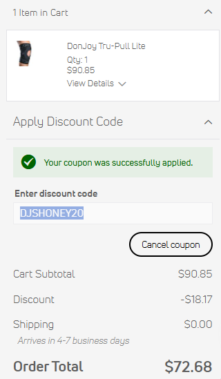 Donjoy Performance code verified screenshot