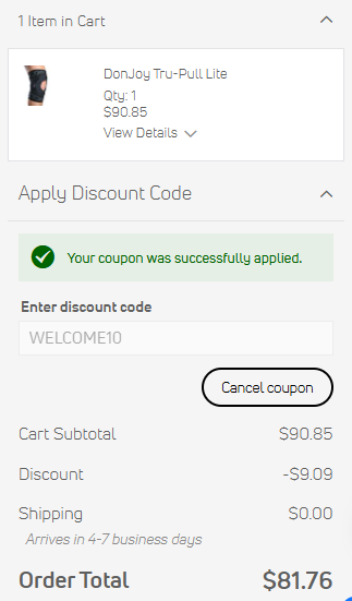 Donjoy Performance code verified screenshot