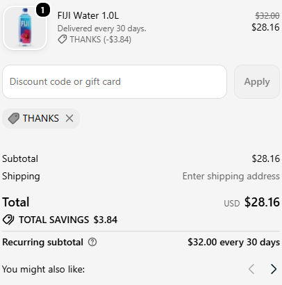 Fiji Water code verified screenshot