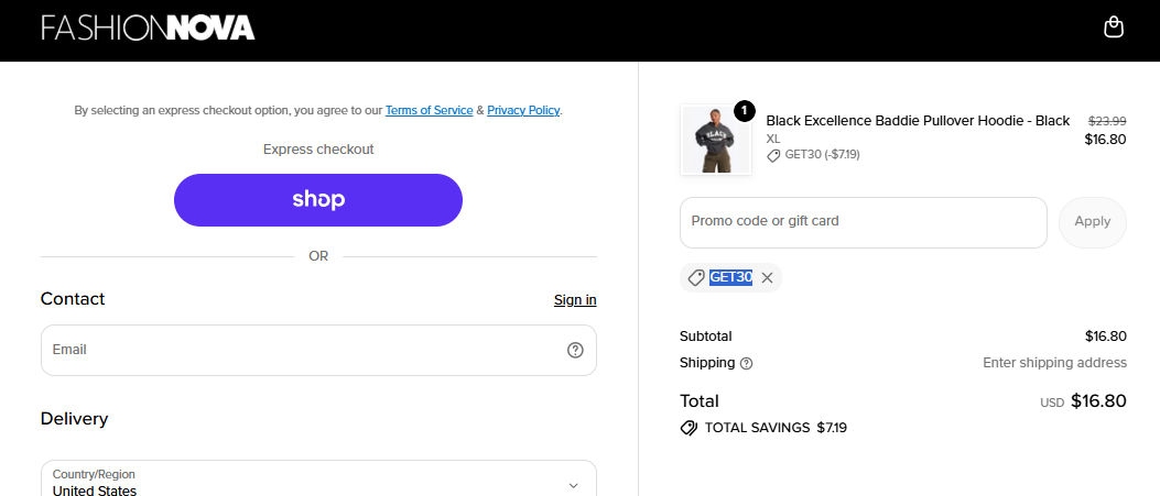 Fashion Nova code verified screenshot