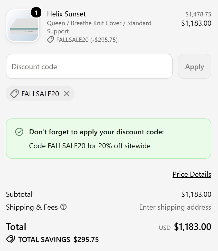 Helix Sleep code verified screenshot