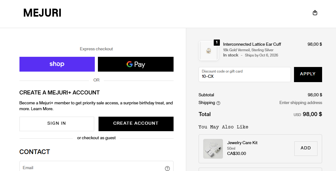 Mejuri code verified screenshot