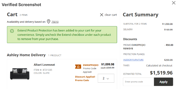 Ashley homestore code verified screenshot