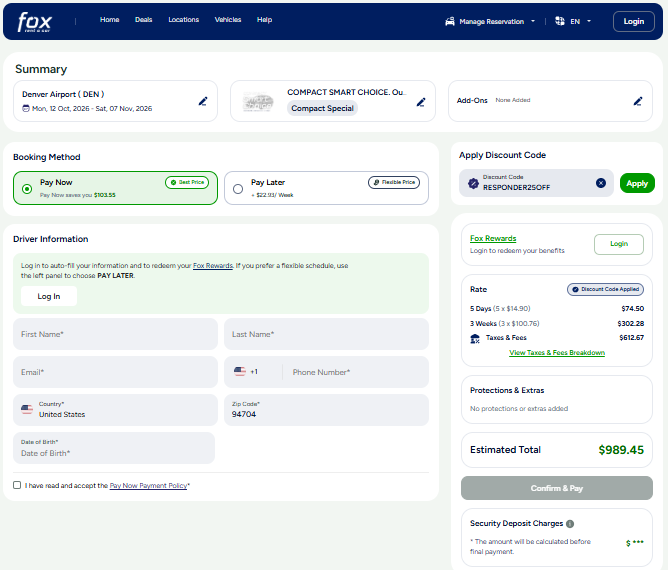 Fox rent a car code verified screenshot