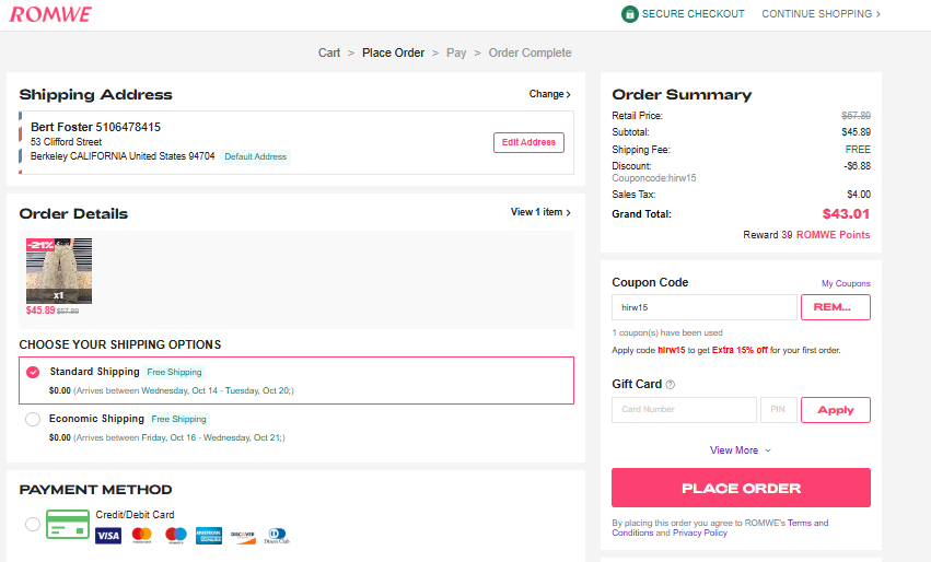Romwe code verified screenshot