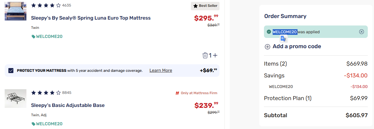 Mattress Firm code verified screenshot